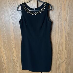 DKNY BLACK SHEATH DRESS SIZE 10 GOLD & BLACK BEADED EMBELLISHED NECKLINE